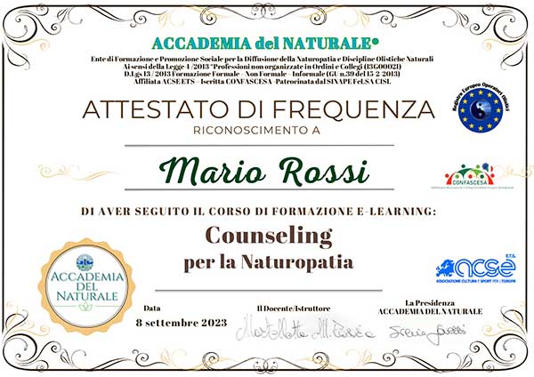 Attestato corso counseling per la naturopatia