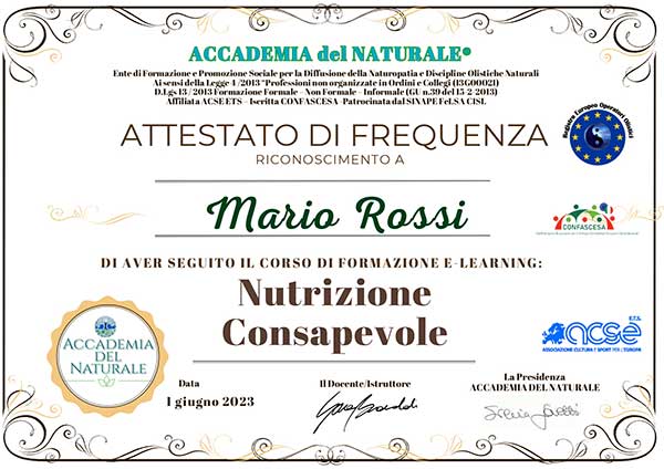 Attestato corso nutrizione consapevole