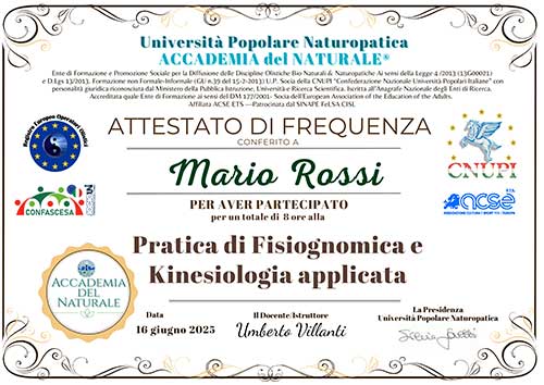 attestato pratica di fisiognomica e kinesiologia applicata