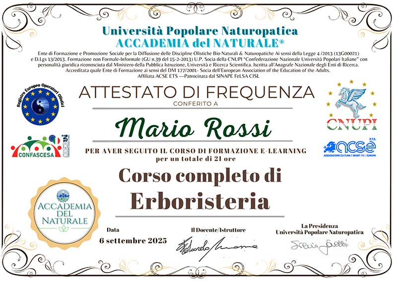 Attestato corso completo di Erboristeria