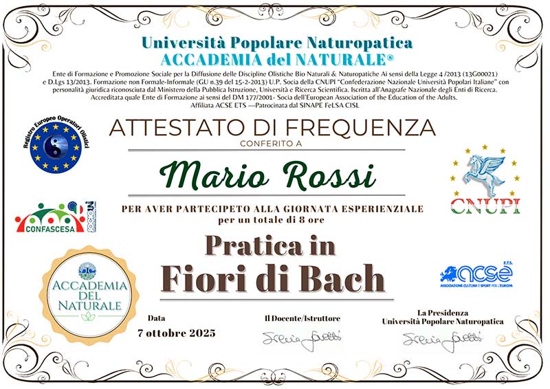 Attestato giornata pratica fiori di Bach