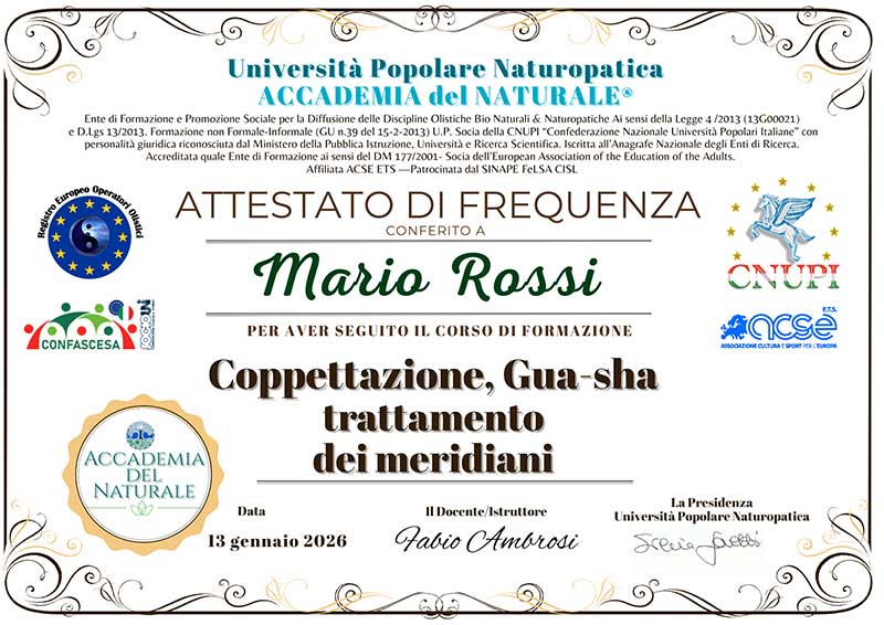 Attestato corso coppettazione e trattamento dei meridiani senza aghi, gua sha