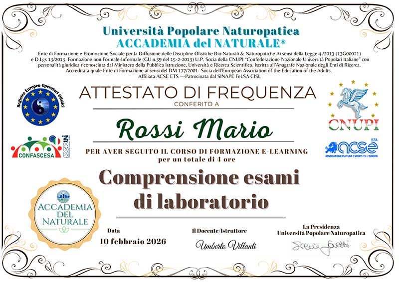 Attestato corso comprendere esami del sangue e urine