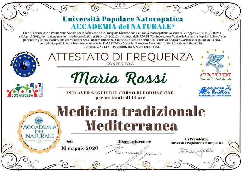 Attestato corso medicina mediterranea