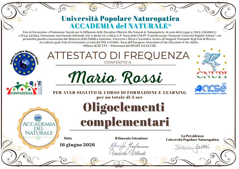 corso oligoelementi complementari attestato