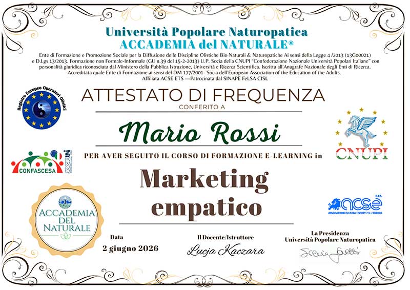 Attestato corso Marketing per Naturopati e Operatori del Benessere