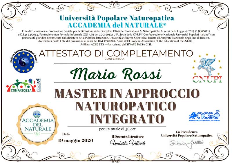 Attestato Master in approccio naturopatico integrato
